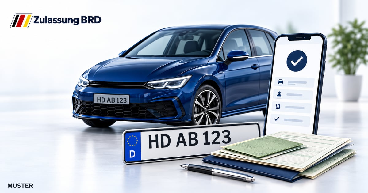 Online Fahrzeugzulassung in Plankstadt: Musterkennzeichen HD AB 123, Auto und Fahrzeugpapiere und Smartphone. Illustration mit Logo von Zulassung BRD.